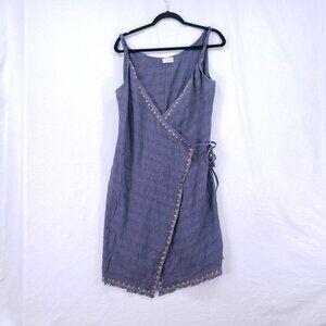 Wrap Designed in London Blue Gray Linen Blend Embroidery Wrap Mid Dress 8